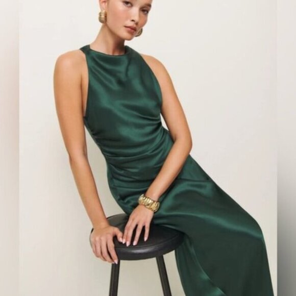 NEW Reformation Anaiis Long Silk Dress Forest Dark Green | US 0 UK 4 - Picture 6 of 15
